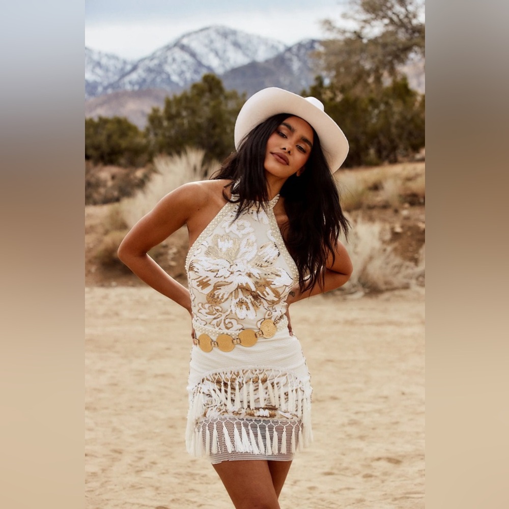 12th Tribe White and Gold Backless Dress